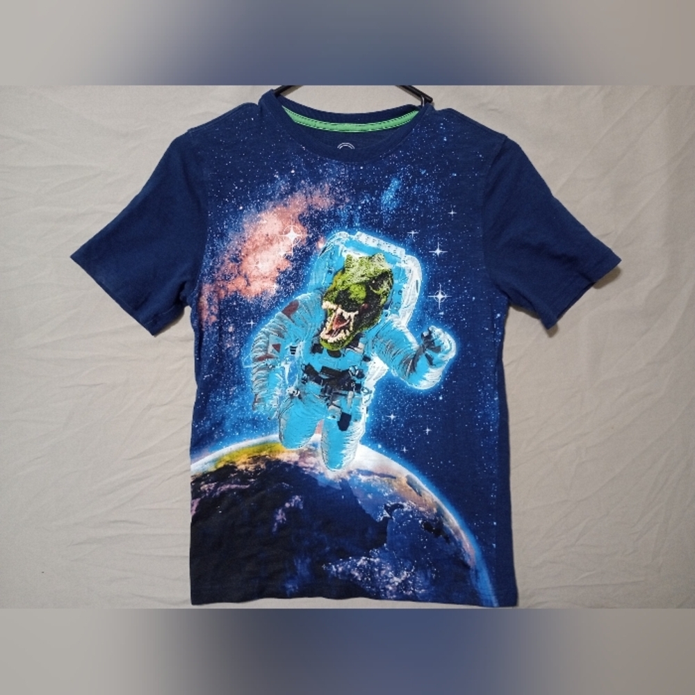 Wonder Nation Dino in Space T-Shirt Sz Youth L (10/12) Blue Cove Graphic Print